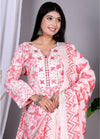 Pink and White Floral Cotton Kurta Set with Pants and Dupatta