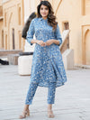 Blue Floral Printed Rayon Kurta with Trousers for Women