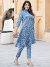 Blue Floral Printed Rayon Kurta with Trousers for Women