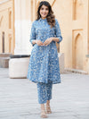 Blue Floral Printed Rayon Kurta with Trousers for Women