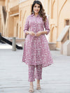 Mauve Floral Printed Rayon Kurta with Trousers for Women