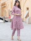 Mauve Floral Printed Rayon Kurta with Trousers for Women