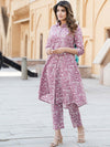 Mauve Floral Printed Rayon Kurta with Trousers for Women