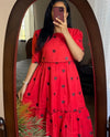 Red Cotton Print Dress with Black Heart Design