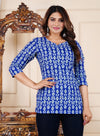 Blue Cotton Straight Printed Short Kurta