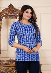 Blue Cotton Straight Printed Short Kurta