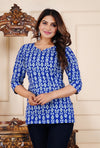 Blue Cotton Straight Printed Short Kurta