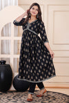 Women Printed Rayon Black Anarkali Kurta Set