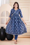 Women Printed Rayon Blue Anarkali Kurta Set