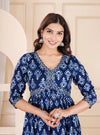 Women Printed Rayon Blue Anarkali Kurta Set