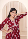 Women Printed Rayon Maroon Anarkali Kurta Set