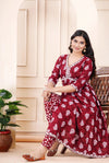 Women Printed Rayon Maroon Anarkali Kurta Set