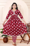 Women Printed Rayon Maroon Anarkali Kurta Set