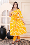 Women Printed Rayon Yellow Anarkali Kurta Set