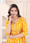 Women Printed Rayon Yellow Anarkali Kurta Set