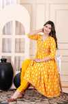 Women Printed Rayon Yellow Anarkali Kurta Set