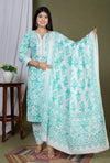 Green and White Floral Cotton Kurta Set with Trousers and Dupatta