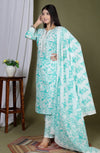 Green and White Floral Cotton Kurta Set with Trousers and Dupatta