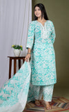 Green and White Floral Cotton Kurta Set with Trousers and Dupatta