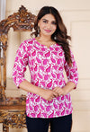 Pink Cotton Straight Printed Short Kurta