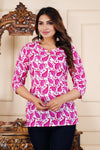 Pink Cotton Straight Printed Short Kurta