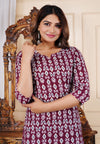 Maroon Cotton Straight Printed Short Kurta