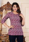 Maroon Cotton Straight Printed Short Kurta