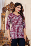 Maroon Cotton Straight Printed Short Kurta