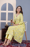 Women Floral Printed Rayon Yellow Anarkali Kurta Pent Set