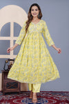 Women Floral Printed Rayon Yellow Anarkali Kurta Pent Set