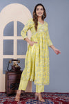 Women Floral Printed Rayon Yellow Anarkali Kurta Pent Set